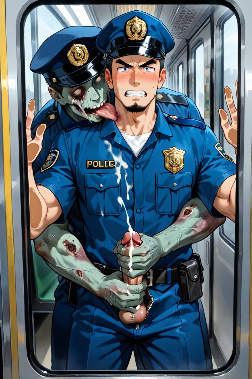 Japanese, Both Hands Against The Glass Of Tram Door, Zombie Reach Around Handjob AI Gay Porn