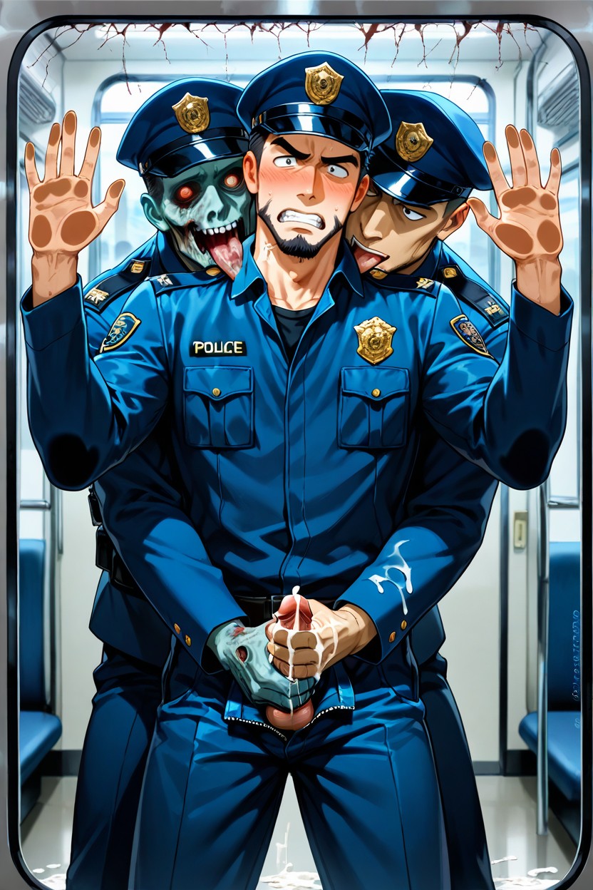 Cum On Glass In Front Of Him, Police Officer Hat, Policemen Man AI Gay Porn