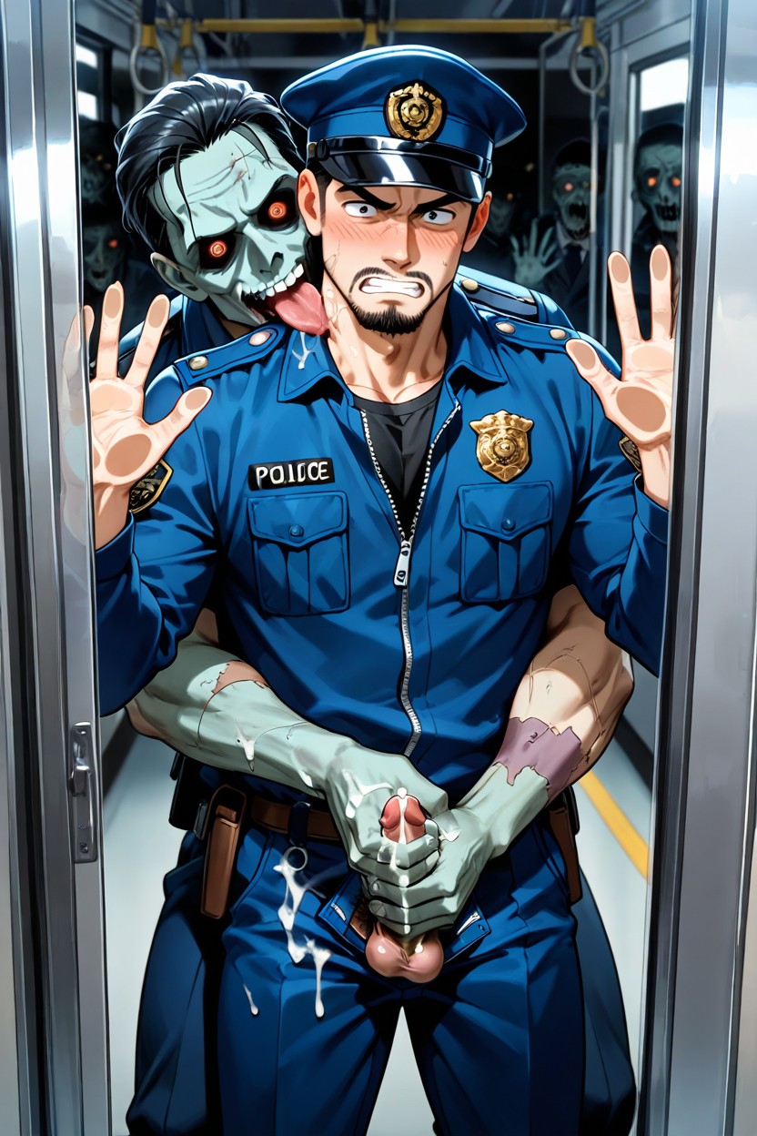 Pov Through The Glass Window Of A Closed Tram Door, Blush, Police Officer Hat AI Gay Porn