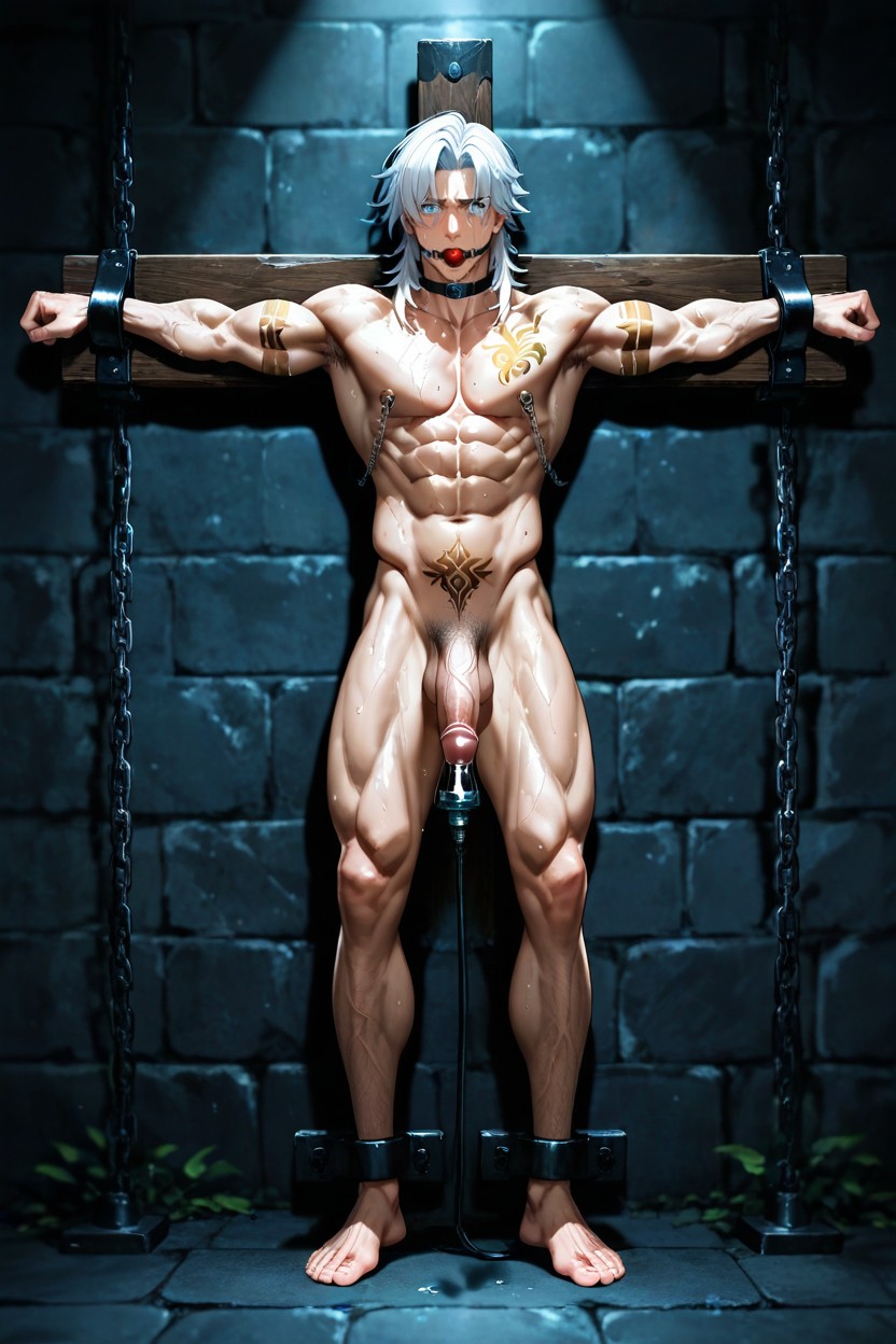 Nipple Chain, Wide-eyed And Startled, Arms Outstretched Horizontally To Both Sides AI Gay Porn
