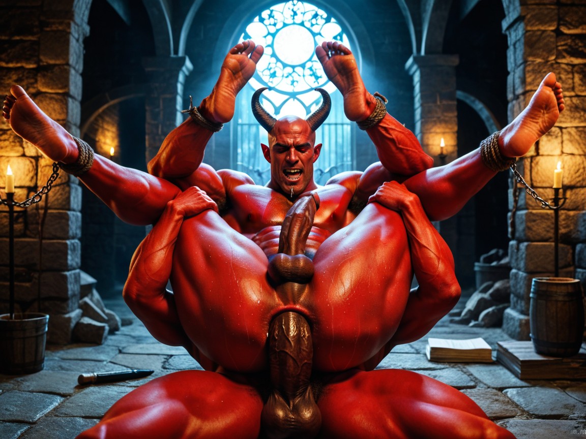Giant Monster, Ass Up, Mans Arms Bound Behind Back AI Gay Porn