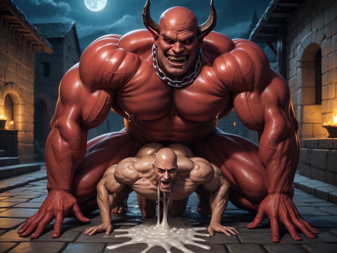 Aggressively Dominates Submissive Bald Gay Male Bottom, Excessive Cum Puddle, Monster Dominating Man AI Gay Porn
