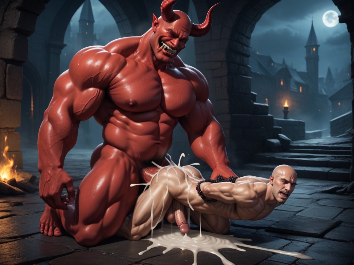 Excessive Cum Puddle, Middle Eastern Bottom, Red Eyes AI Gay Porn