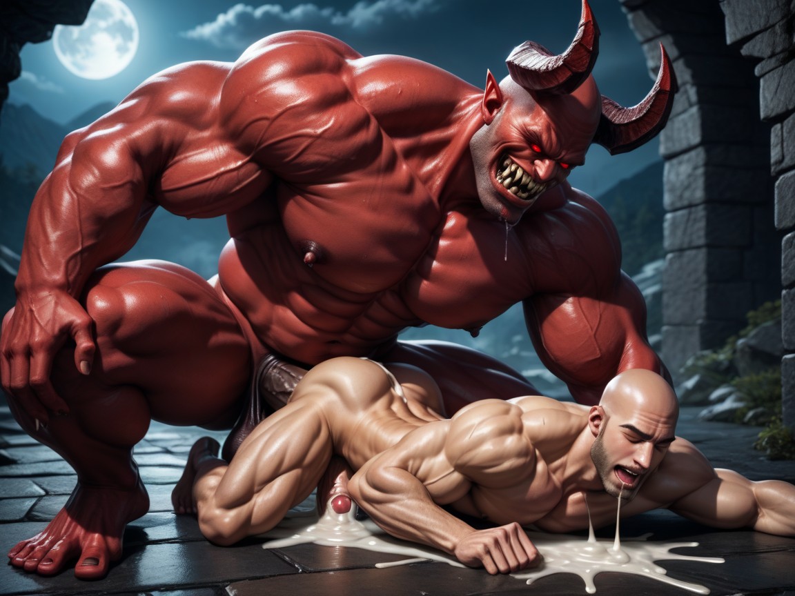 Giant Devil Is Much Bigger Than A Man, Gaping Hole, Mans Arms Bound Behind Back AI Gay Porn