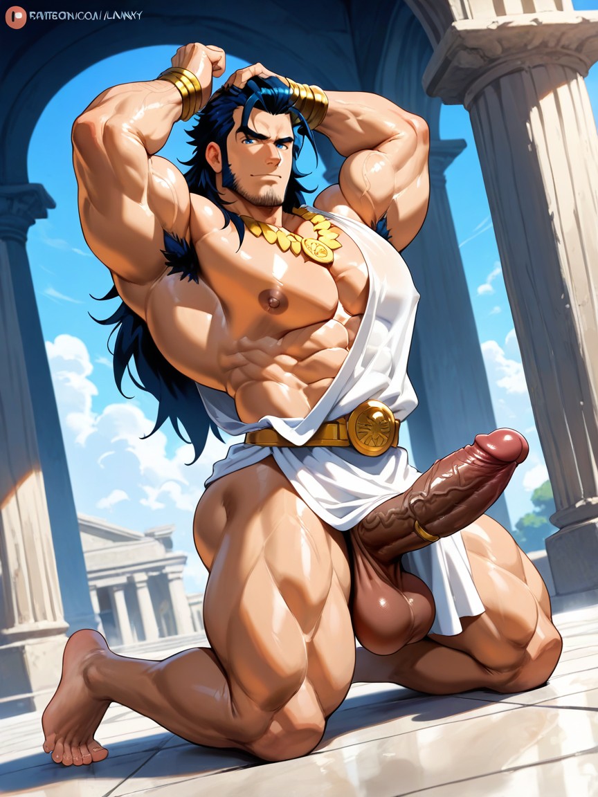 Full Body View, Hyper Defined Ripped Pecs, Golden Laurel Detailed Heavy Necklace AI Gay Porn