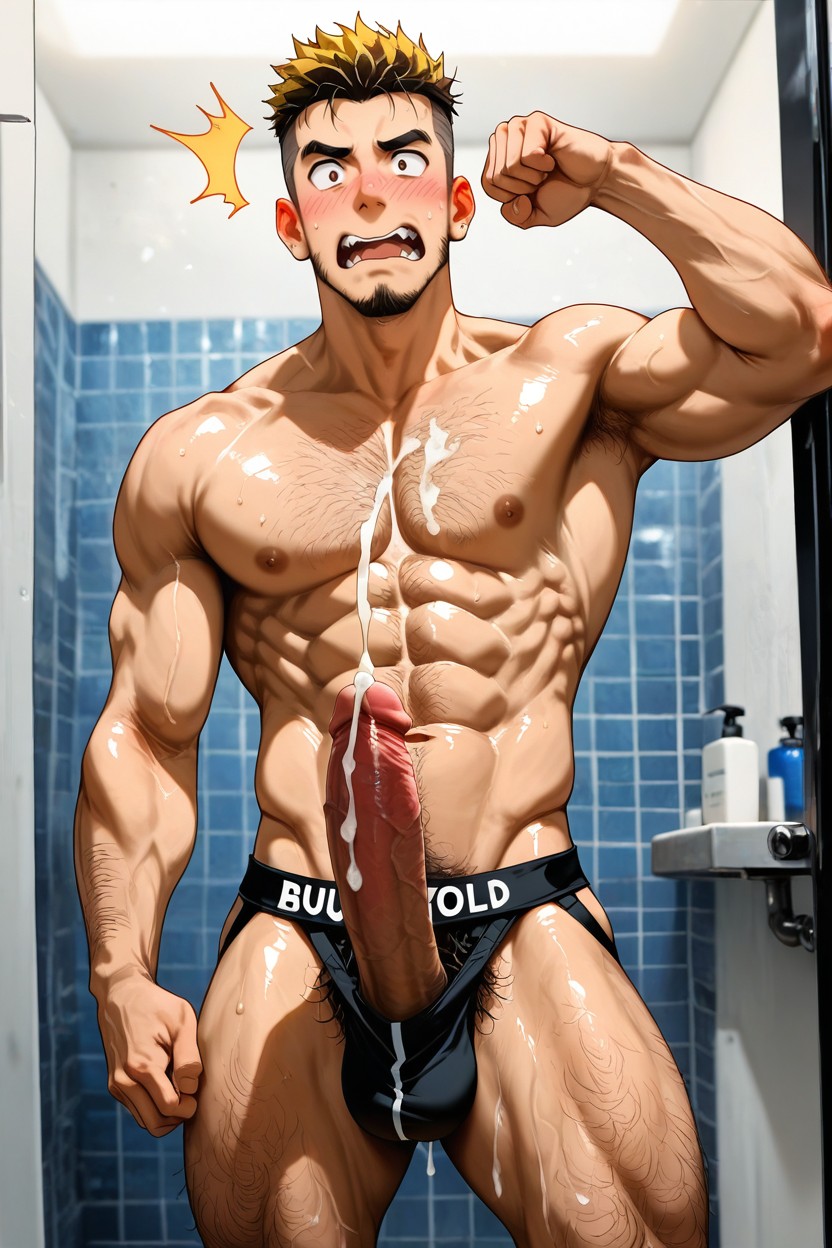 Heavy Balls, A Male Roughly Of With A Fit Physique, Bathroom AI Gay Porn