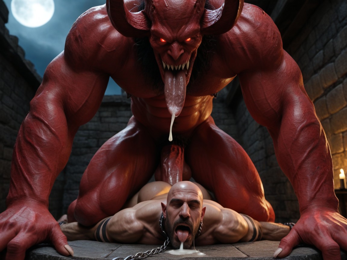 Side View, Aggressively Dominates Submissive Bald Gay Male Bottom, Monster With A Long Tongue AI Gay Porn