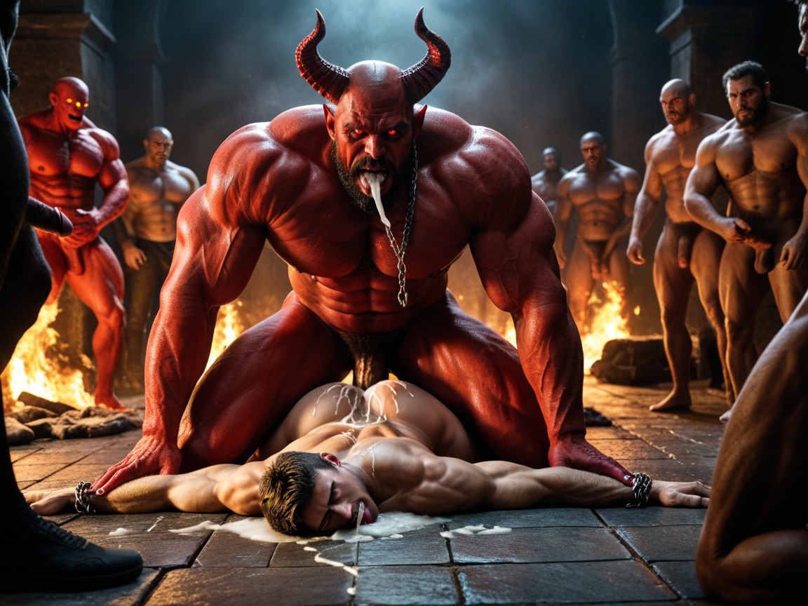 Hole Filled With Cum, Devil Horns, Multiple Red Demons Fuck Human AI Gay Porn
