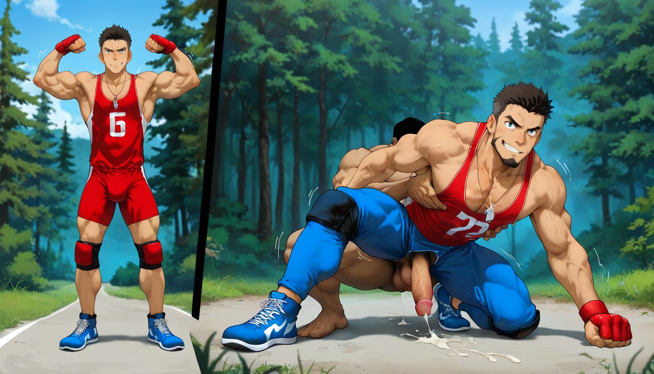 Beitemian Art Style, Red And Blue Wrestling Singlets, Nature AI Gay Porn