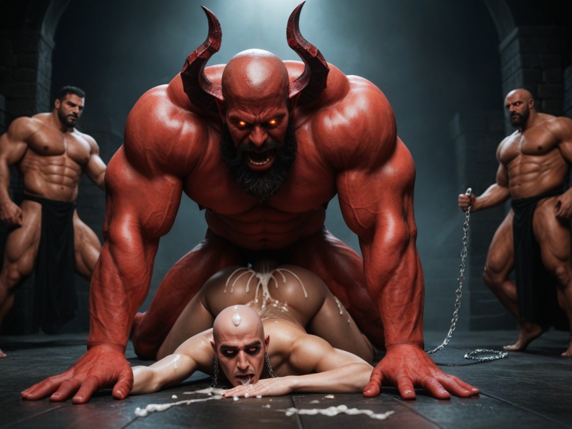 On Back, Multiple Red Demons Fuck Human, Demons Hold Man Down AI Gay Porn