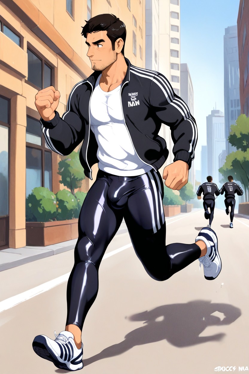 Black Stubble And Beard, Jogging Sideways, Solo Male AI Gay Porn