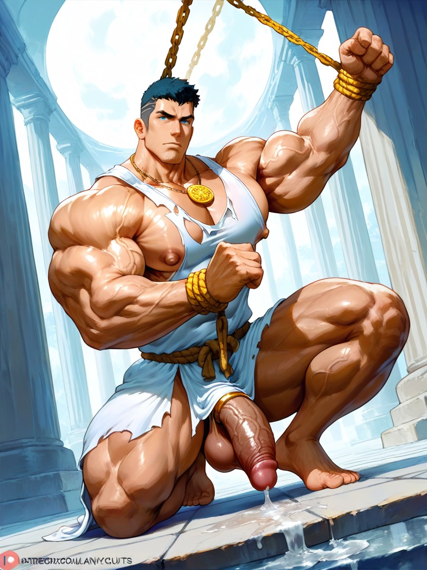 Strong Lines, Wearing White Greek Tunic Exposing Entire Body, Hyper Handsome Man AI Gay Porn