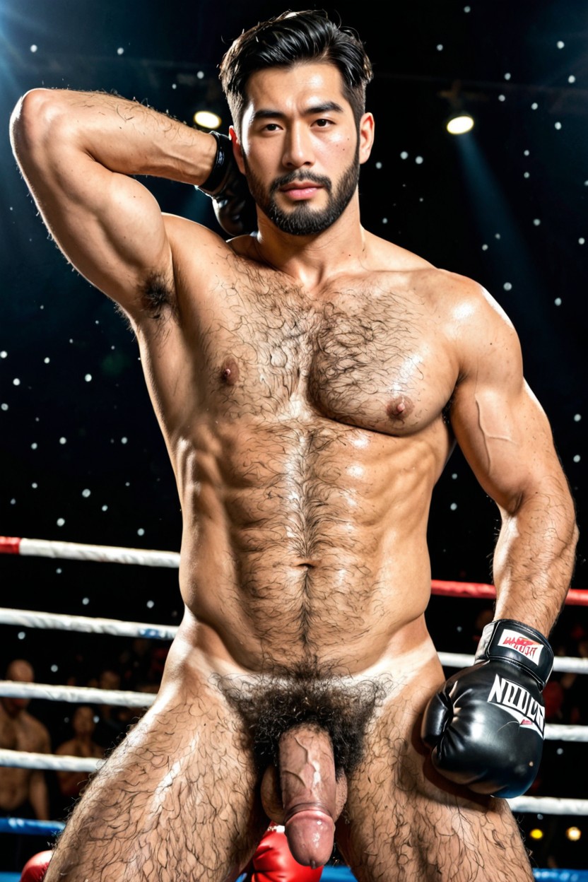 En Forme, Dense Chest Hair, Asian Boxer Masturbating Erect Hard Cock Porno IA Gay