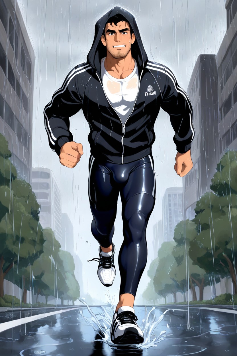 Urban Park, Stocky Man, Solid Navy Spandex Leggings AI Gay Porn