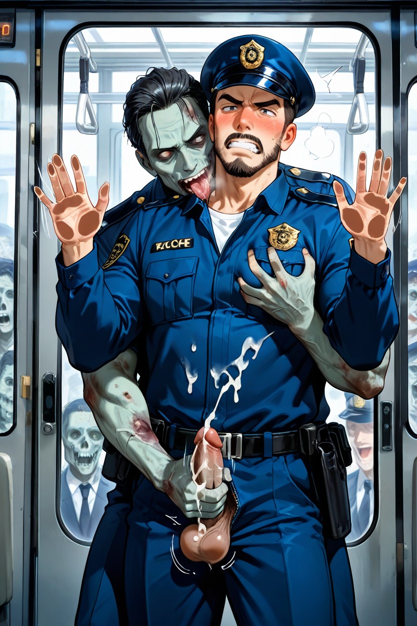 Mustache Goatee And Beard, Clenched Teeth, Reach Around Grabbing Testicles AI Gay Porn