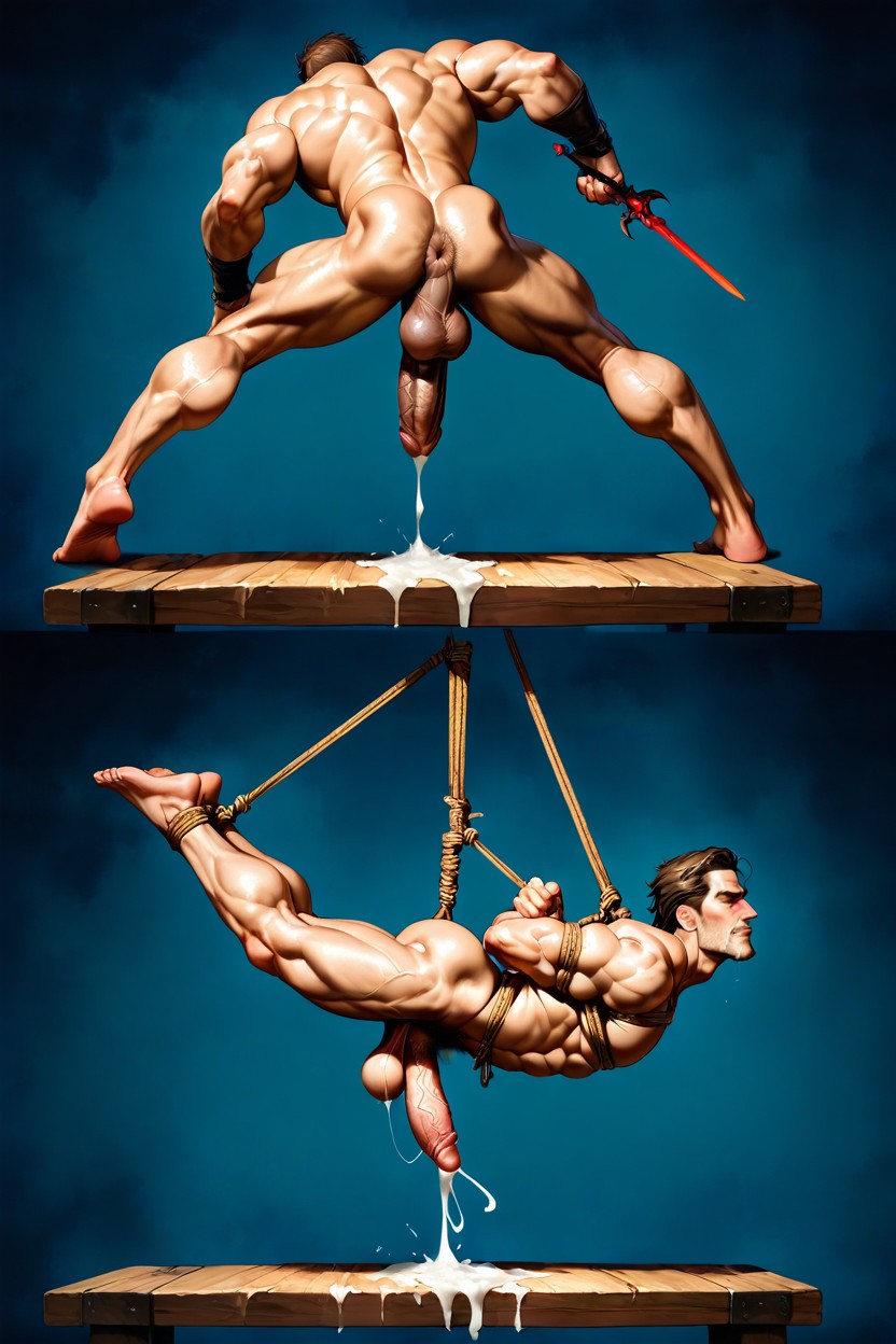Side View, Extremely Low Hanging Tied Balls, Spread Legs AI Gay Porn