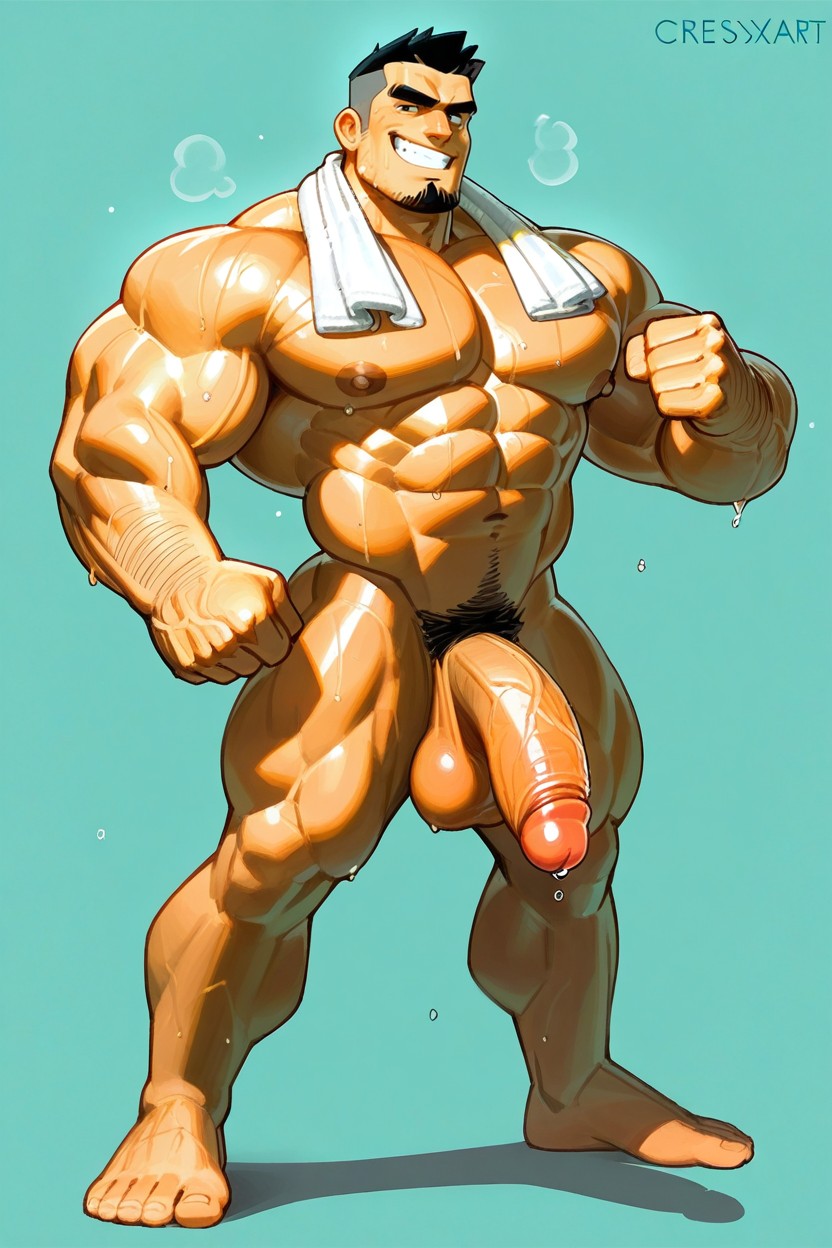 Posing Dramatic Power-up Stance, Hyper Pecs Massively Projected Forward, Wamudraws AI Gay Porn