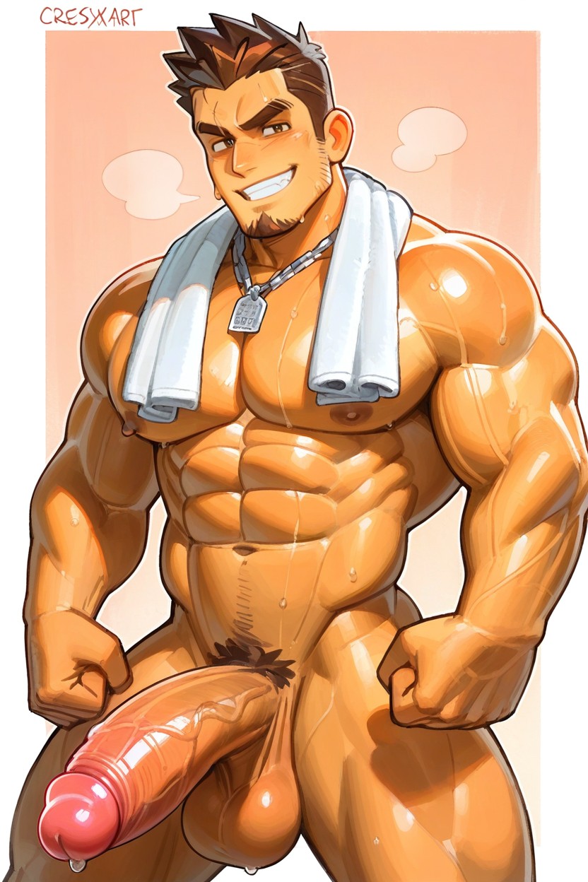 Fully Erection Penis, Wide Seductive Smile, Hyper Pecs Massively Projected Forward AI Gay Porn