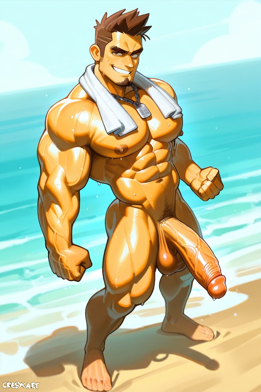 Legs Spread Shoulder-width Apart Knees Slightly Bent, Sweat Drips, Brown Hair AI Gay Porn