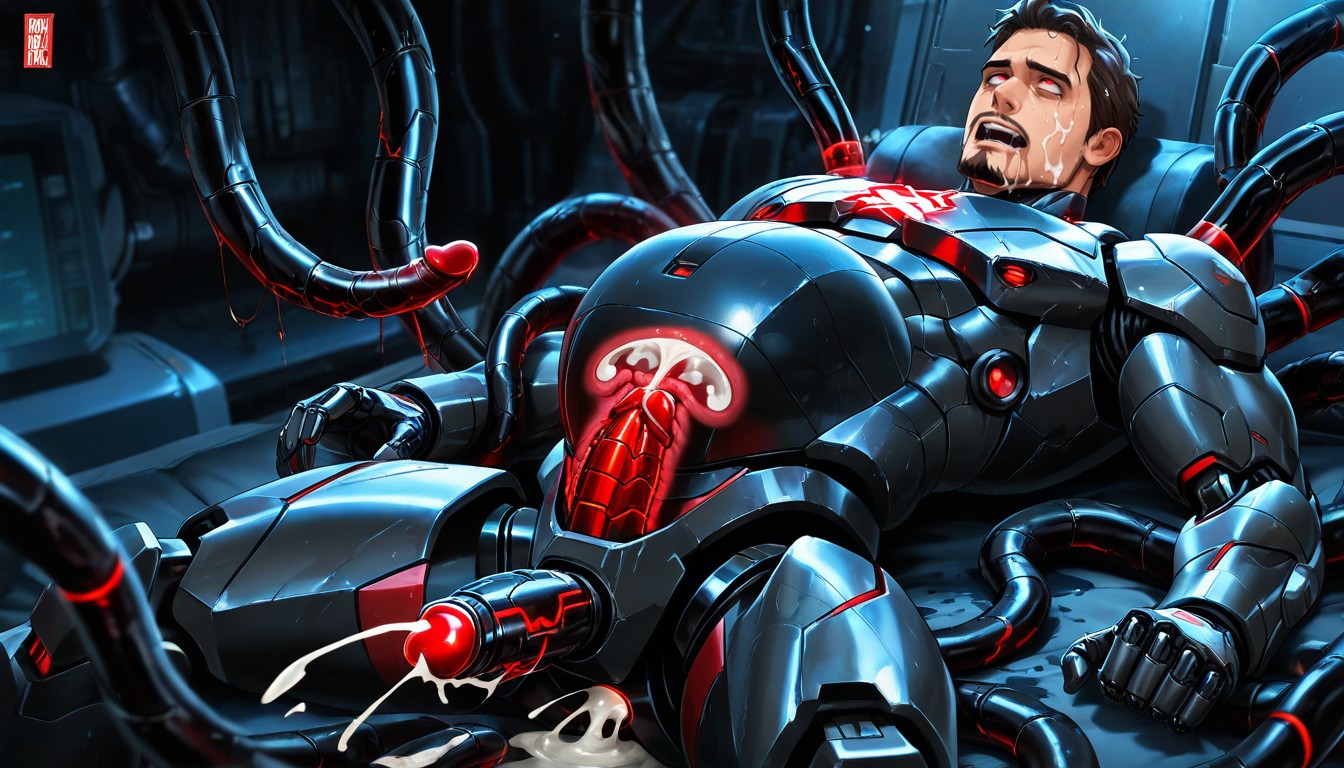 Ultron Giant Menacing Metallic Robot, Gigantic, Messy Black Hair AI Gay Porn