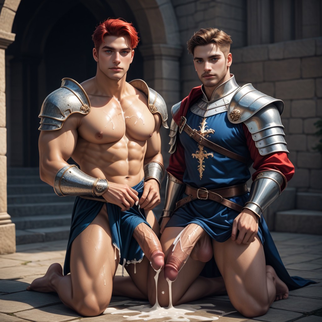 Pools Of Cum Around Kneeling Knight, 2 People, Surrendered Posture AI Gay Porn