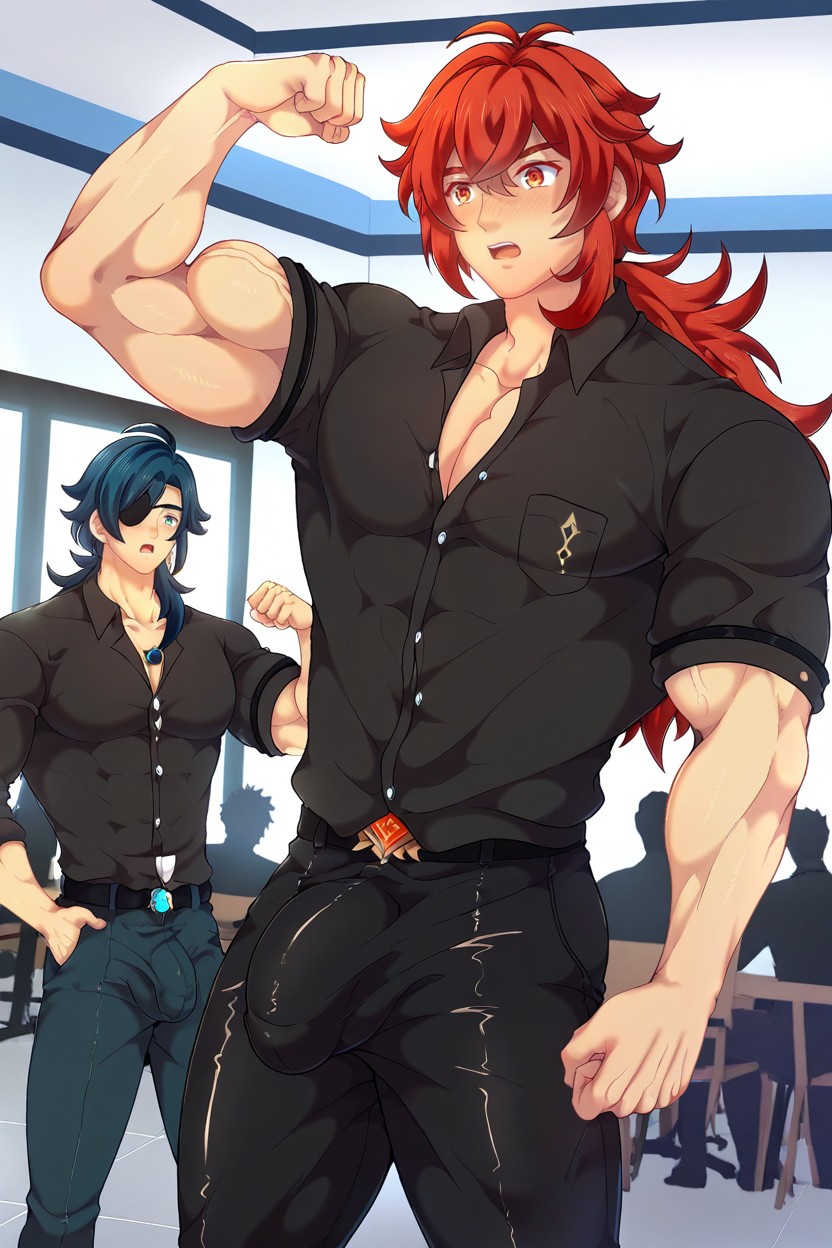 2 Personnes, Wearing Tight White Button Up Shirt, Ultra-detailed Porno IA Gay