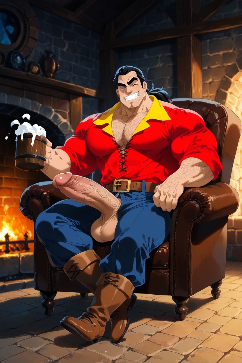 Wearing Yellow Hunting Gloves, Muscle Hyper Pecs, Crossed Legs AI Gay Porn