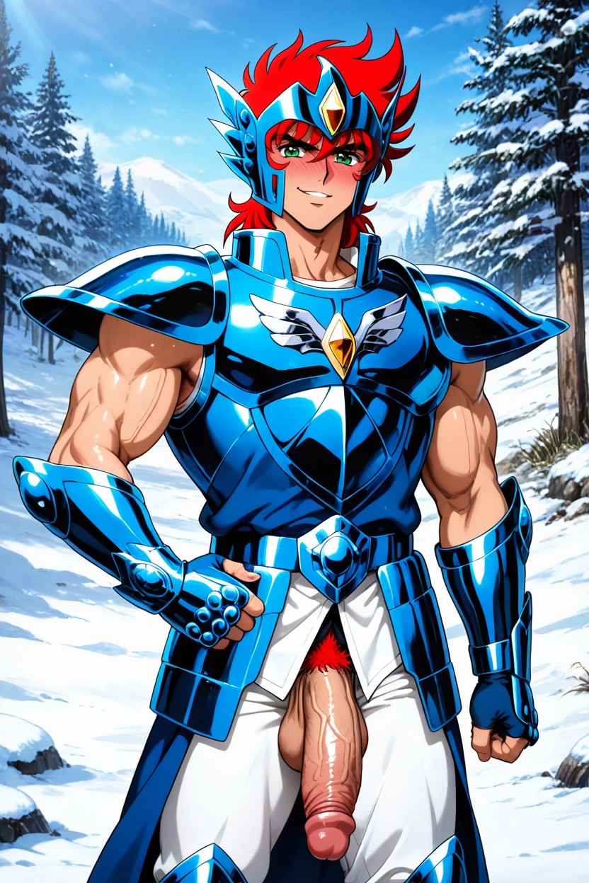 Excited, Blue Metal Armguards, Crimson Messy Hair AI Gay Porn