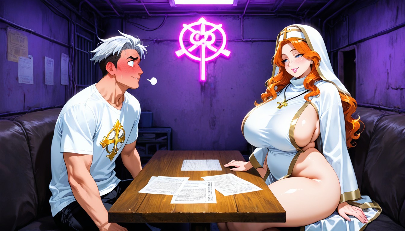 Man And Woman Sitting At Table, Shy Blask Haired Man Sitting Next To Her, Blushing Cheeks AI Gay Porn