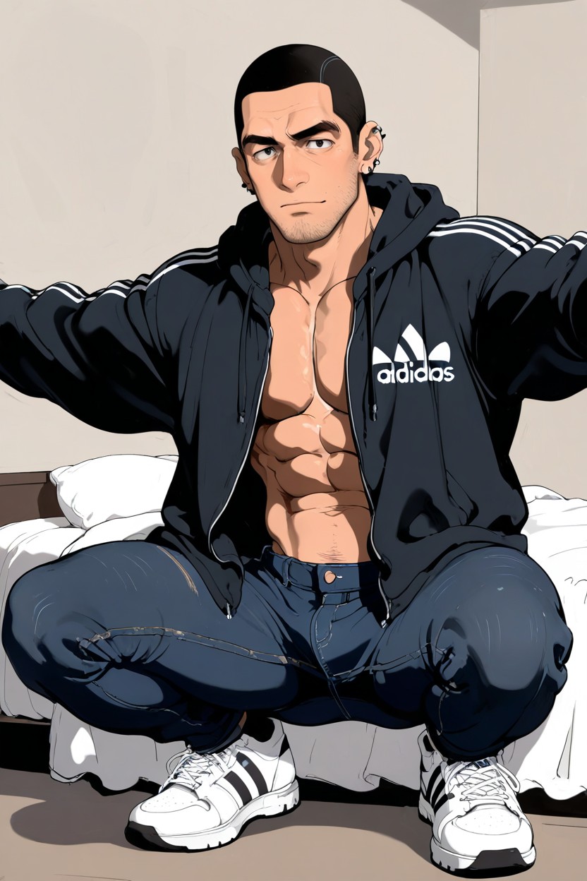 丸刈り, Black Stubble, Facial Piercings ゲイAIポルノ