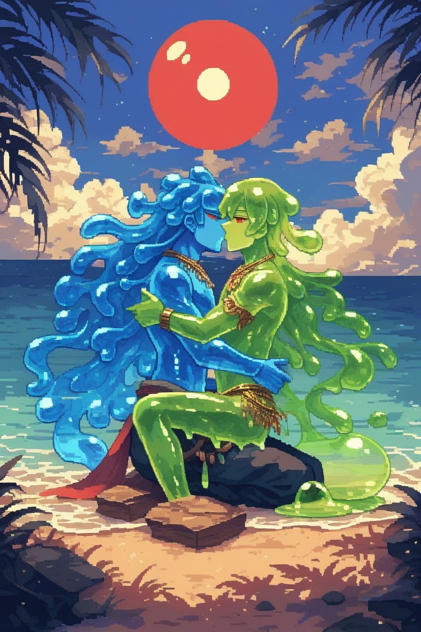 Beach, Cartoon Quality, Long Dark Blue Wavy Hair AI Gay Porn