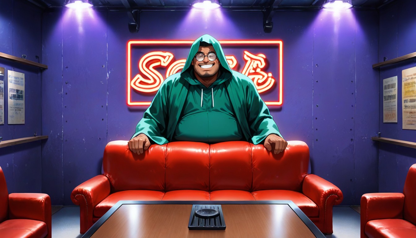 Man Wearing Green Hooded Robe, Sofas Facing Each Other Across Table, African AI Gay Porn