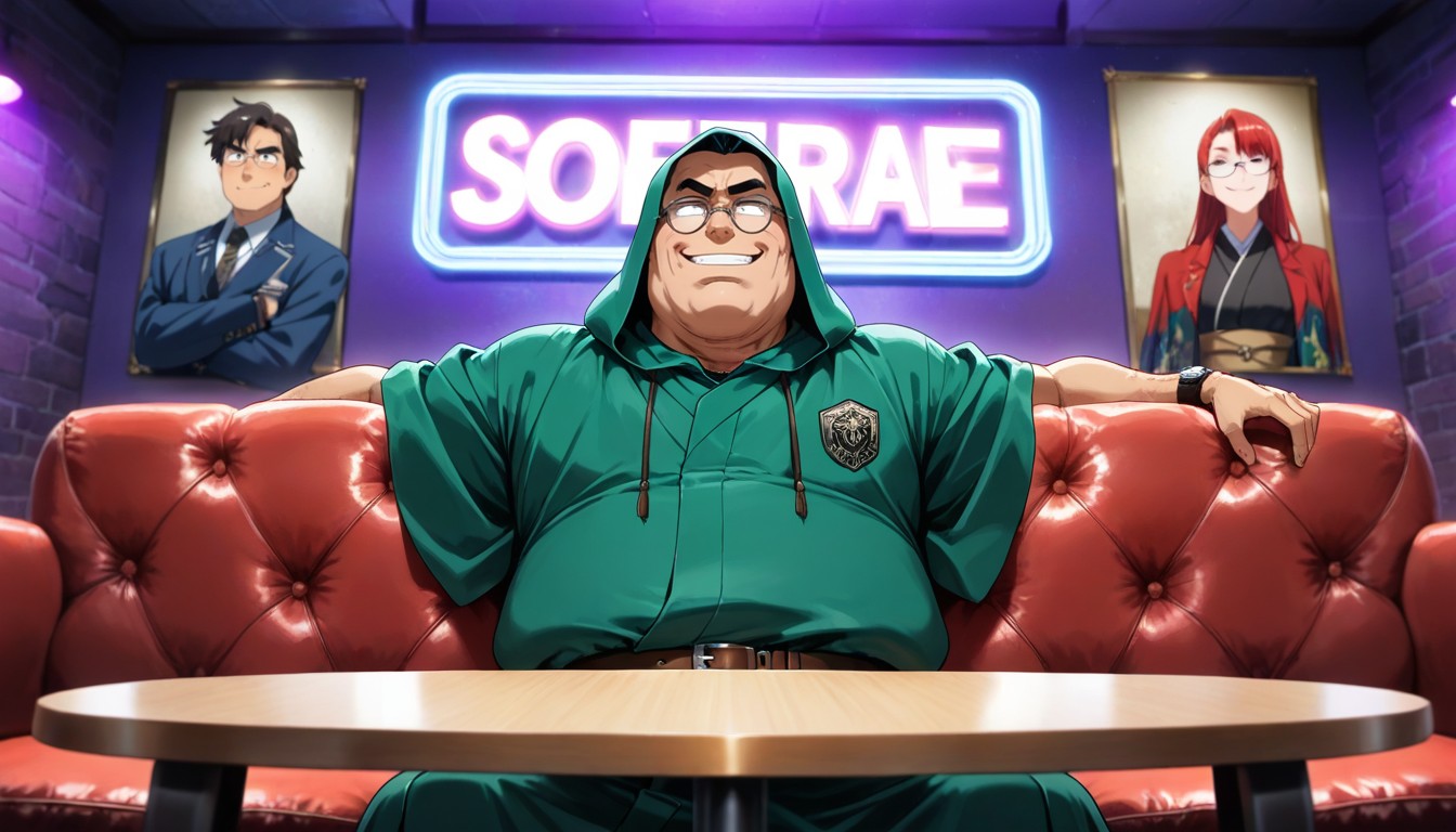Man Wearing Green Hooded Robe, Solid White Eyes Behind Glasses, Man Evil Grinning AI Gay Porn