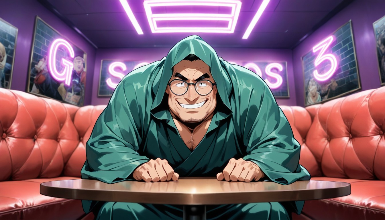 Glasses Lenses Painted White, Tabletop Partition Standing Between Man And Rest Of Table, バストショット ゲイAIポルノ