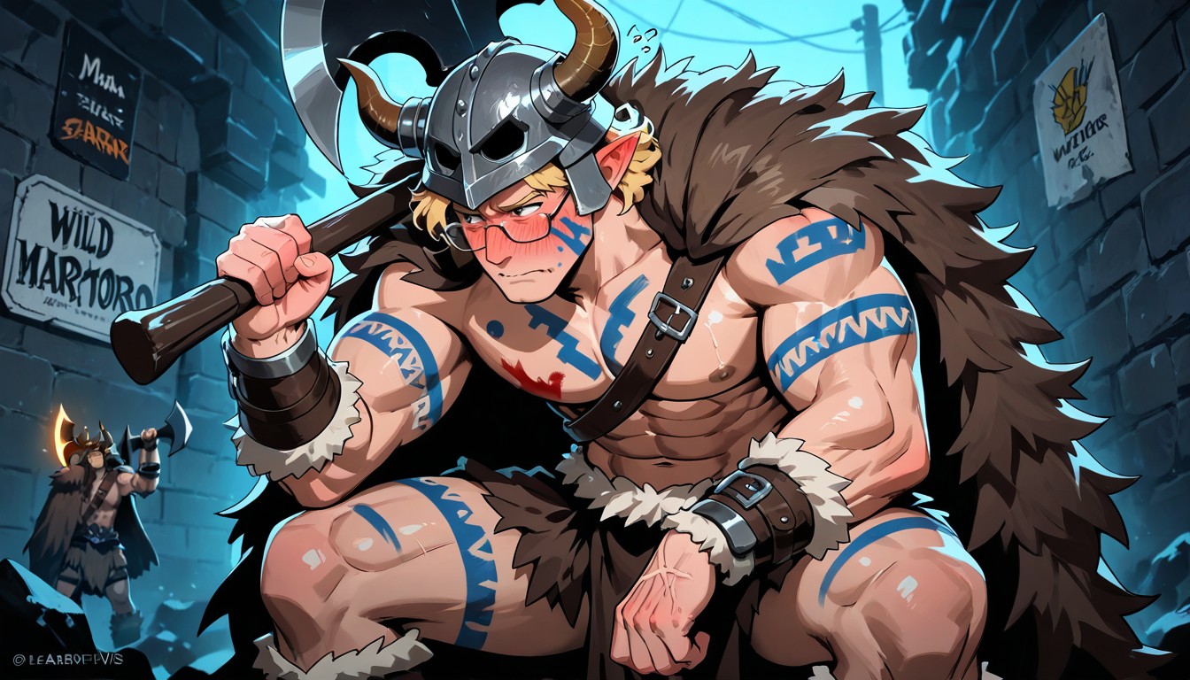 Battle Axe In Hand, Man In Barbarian Cosplay, Horned Helmet On Head Porno IA Gay