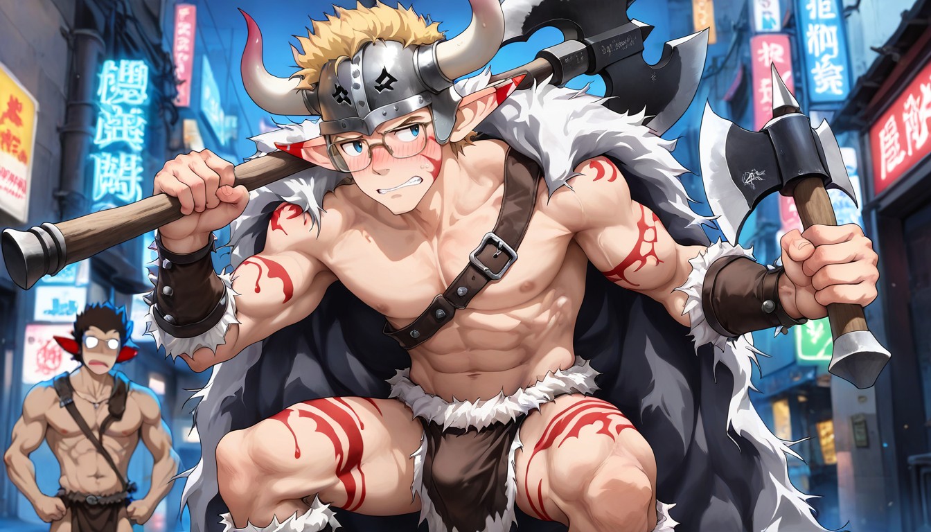 Horned Helmet On Head, Male Barbarian Costume, 1人 ゲイAIポルノ