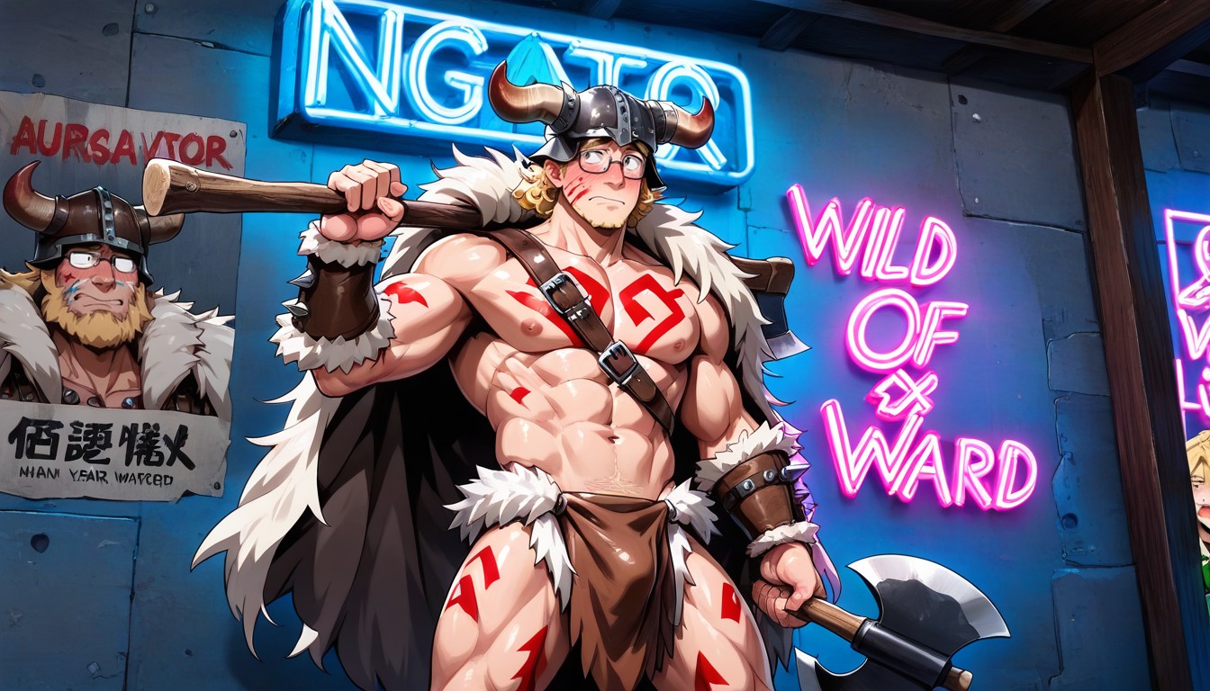Fake Elf Ears Attached To Ears, Man Hunched Shoulders, Bare Muscular Chest ゲイAIポルノ