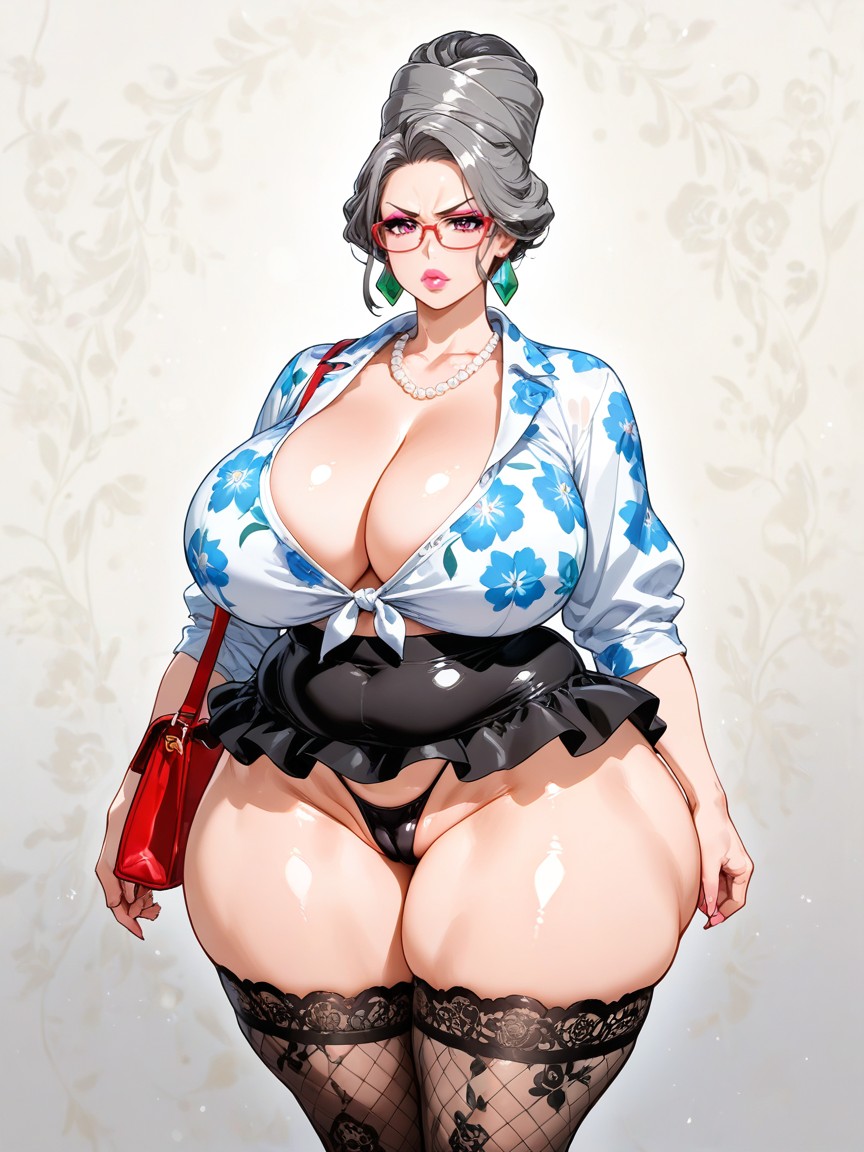 Sexy, Thick Lips, Floral Blouse Top With Deep Cleavage AI Gay Porn