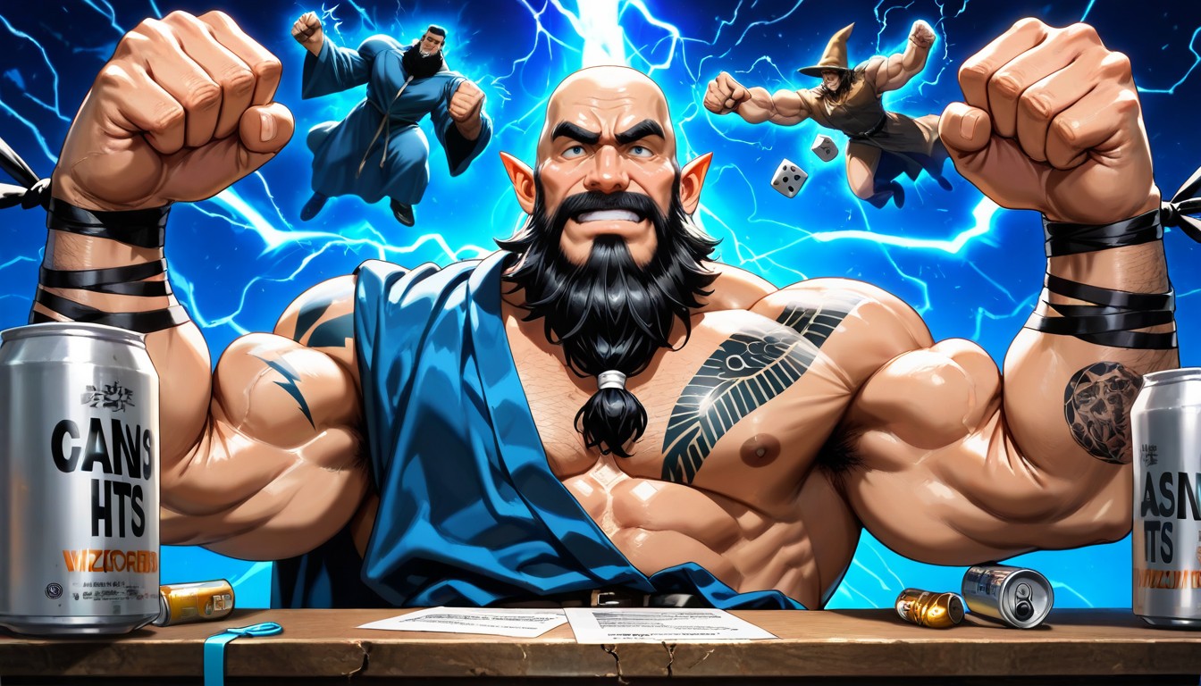 Lightning Bolts In Background, Plain Brimless Wizard Hat Is Over The Man's Head, Long Black Beard Tied With Elastic Band AI Gay Porn