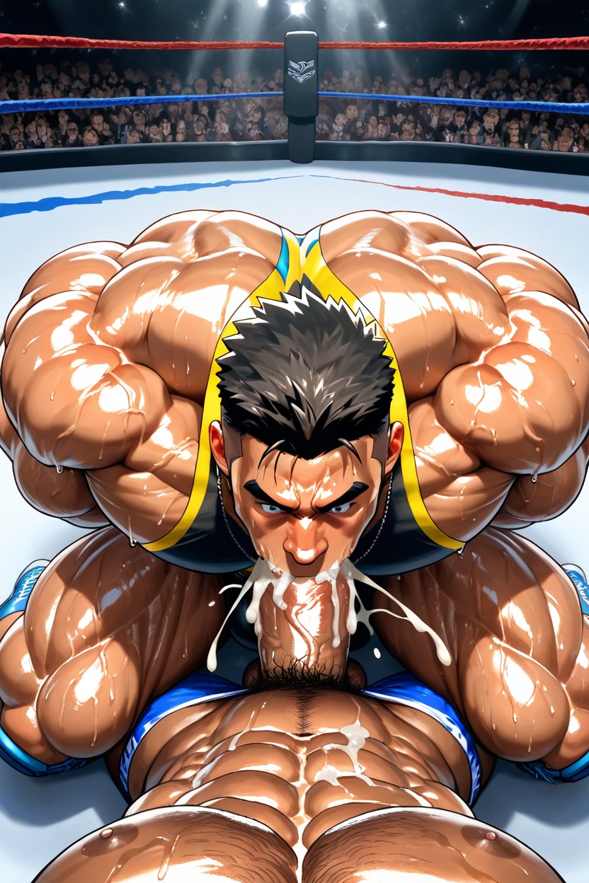 Glistening With Oil And Sweat, Looking Up With Total Devotion, Setting Inside A Professional Wrestling Ring AI Gay Porn