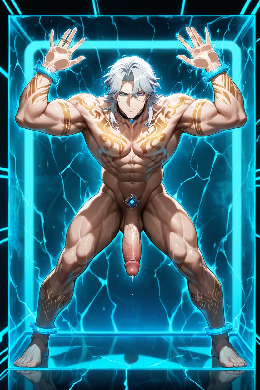 Blue Green Lighting, Reflection On Glass Surface, Standing AI Gay Porn
