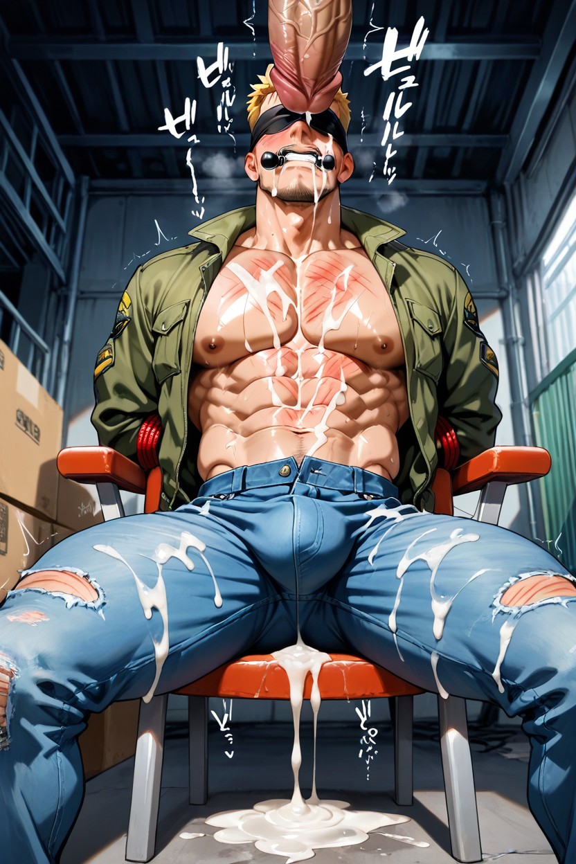 Ripped Green Army Jacket, Wearing Blue Jeans, Coveres In Cum AI Gay Porn