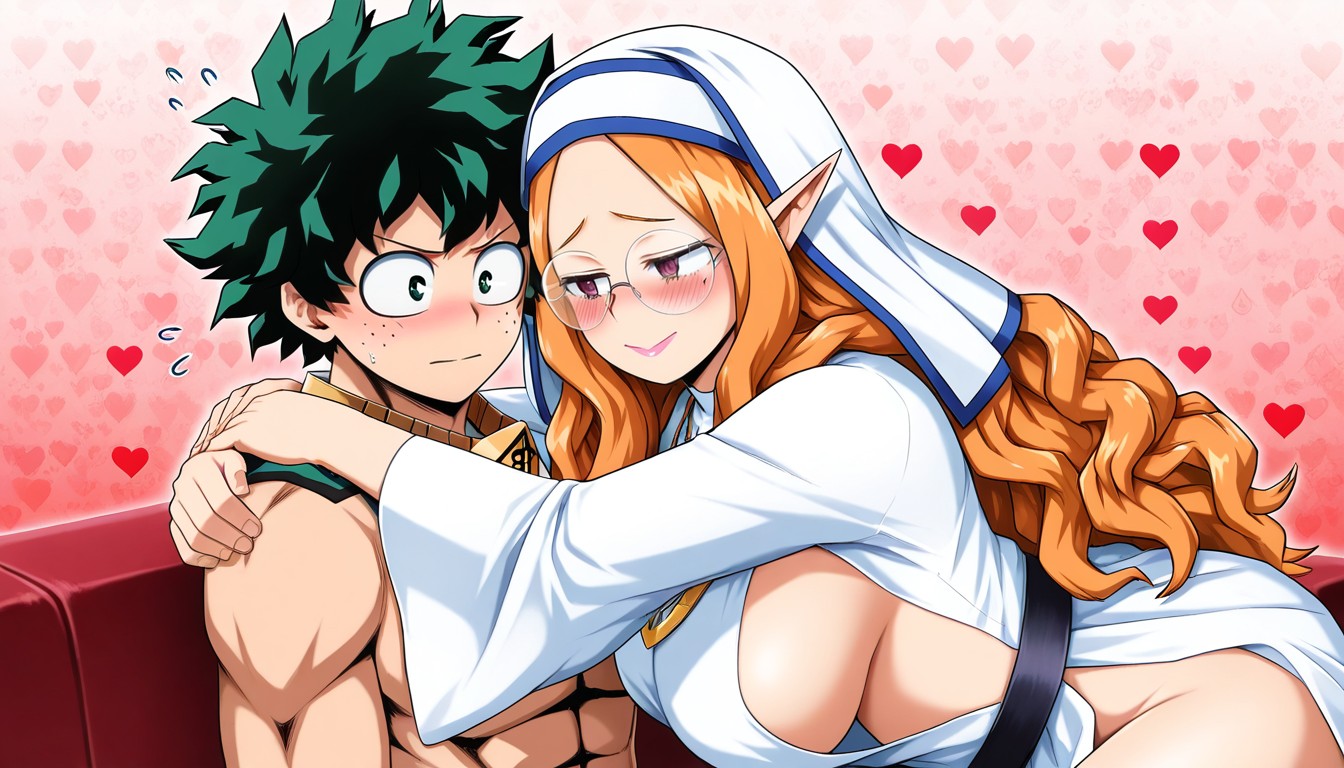 Woman Holds Man Tightly, Woman Has Nun Veil On Head, Man Is Izuku Midoriya AI Gay Porn