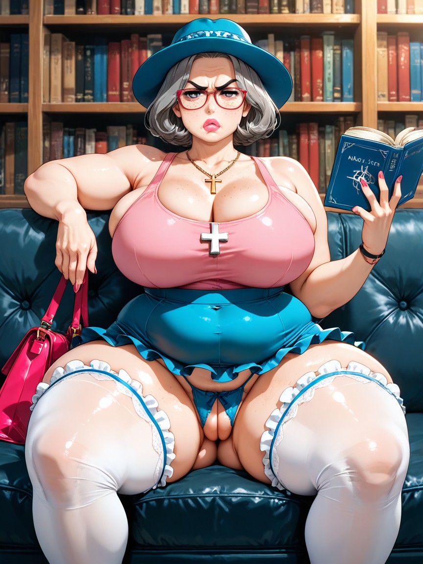 With Deep Cleavage, Filled Lips, Holding One Book In One Hand AI Gay Porn