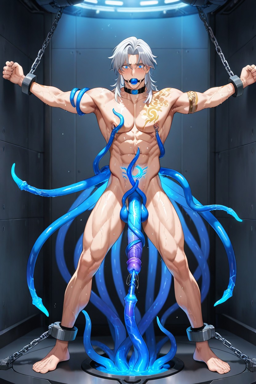 Hyper Urethral, Gag In Mouth, Blue Electric Glow Effects On Limbs And Body AI Gay Porn