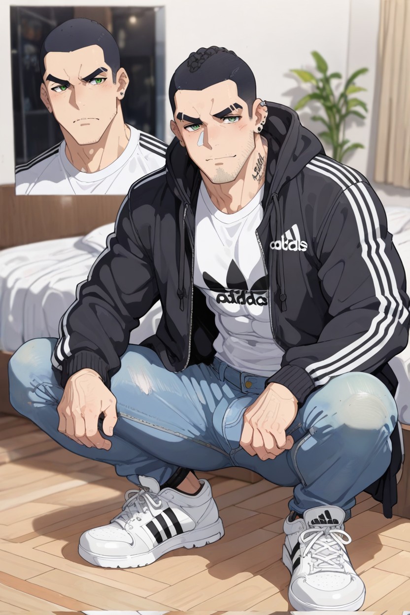 Tight-fit Jeans, Buzzcut, Stocky Body AI Gay Porn
