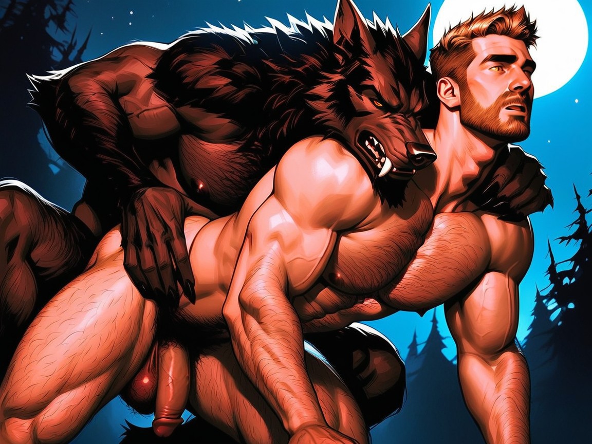 Moth Open, Hairy Paw Hands Gripping The Human’s Shoulders Tightly, Werewolf Has Wide Open Yellow Eyes AI Gay Porn