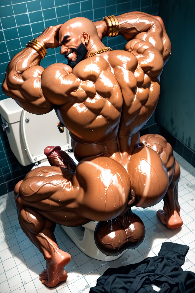 Hand Behind Head, Very Sweaty And Oiled, Gigantic AI Gay Porn