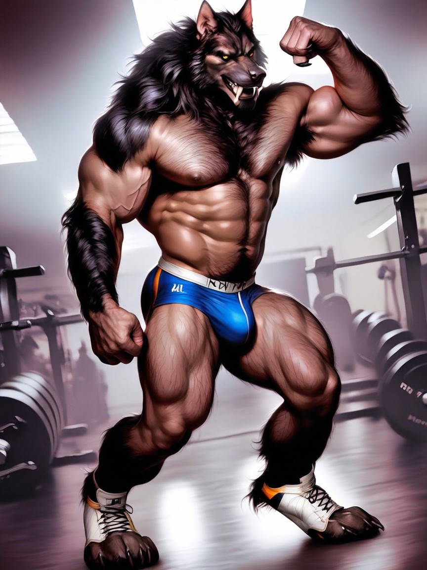 Hairy Muscular Wolflike Body, Werewolf Gym Stretched And Ripped, Werewolf Face Is Detailed And Realistic AI Gay Porn