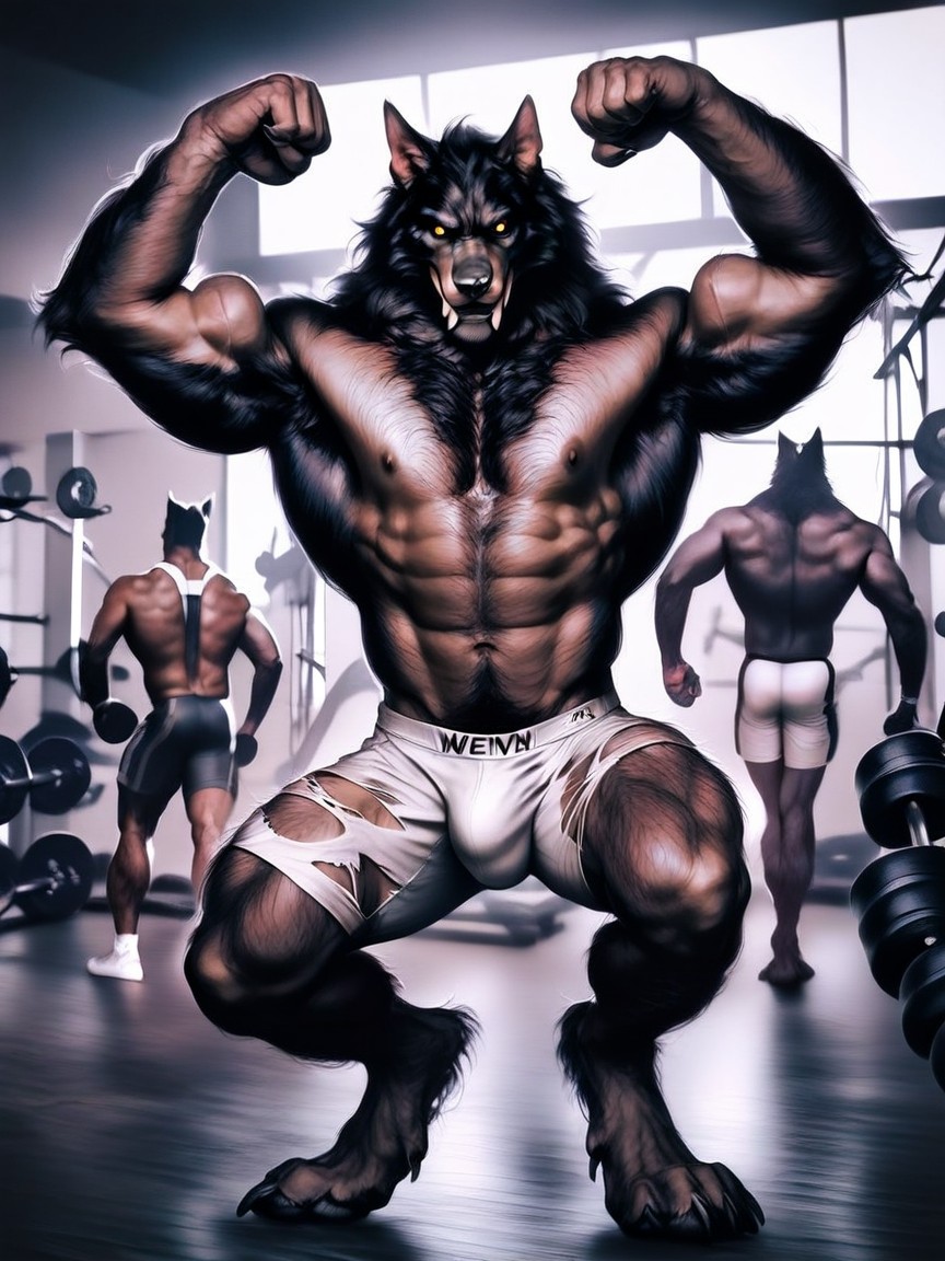 Atmospheric Lighting, Finely Detailed Black Fur, Wearing Ripped Blue Gym AI Gay Porn